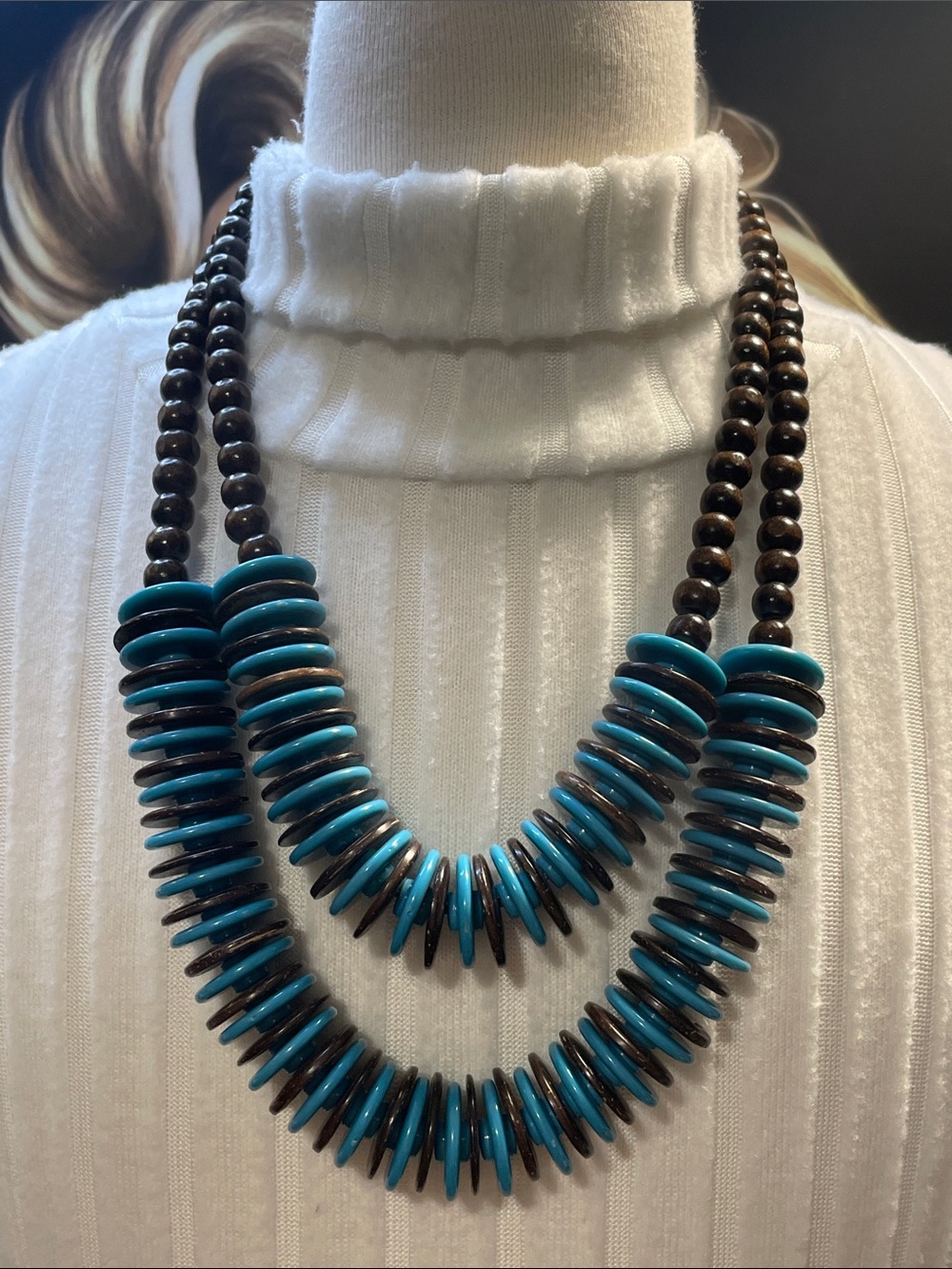 Turquoise and Brown Double Wooded Strand Bead Necklace